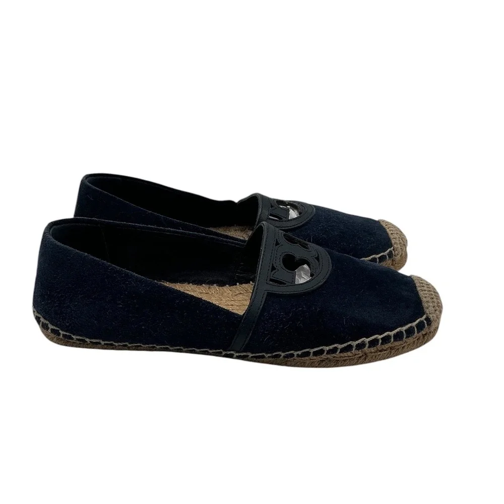 Tory Burch Navy Blue Suede Double T Logo Espadrille Flats Size‎ 5.5